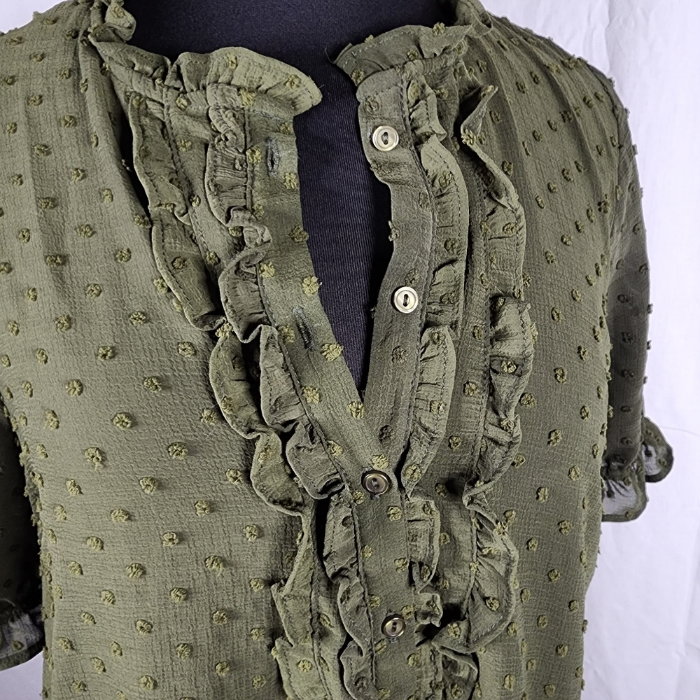 Gibsonlook Olive Green Ruffle Button-Up Blouse SZ M